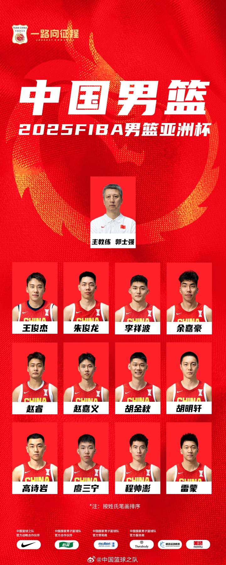 中国男篮亚洲杯12人终极阵容揭晓 胡金秋率队出征 徐杰张宁遗憾无缘